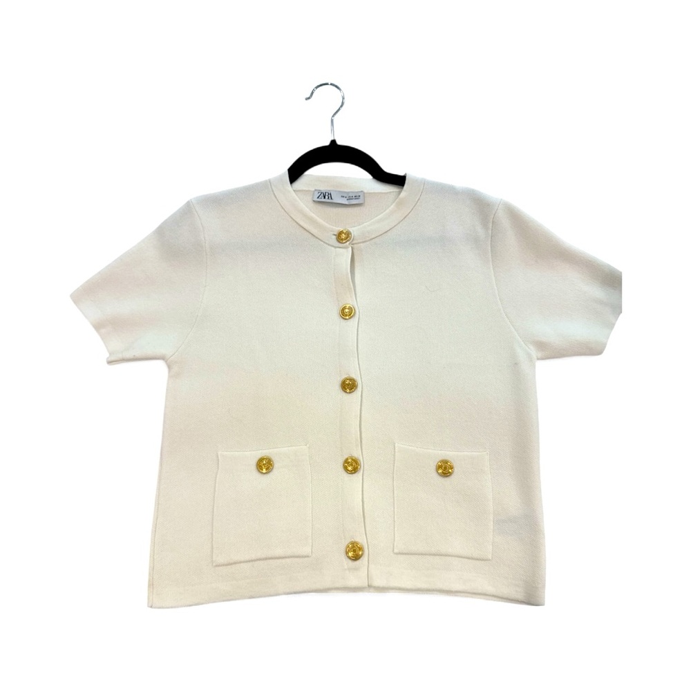 ZARA Knit Short Sleeve Cardigan with Gold Crest Buttons – Size M